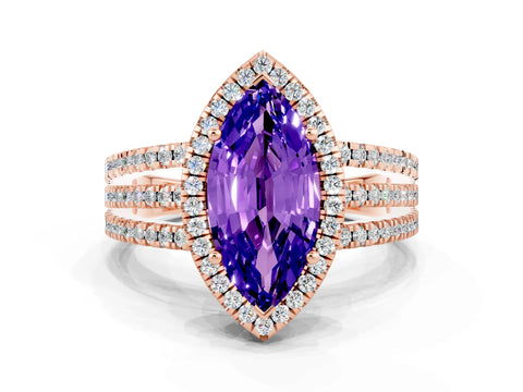 Rose gold {shape_name} Tanzanite Halo Engagement Ring with Split Shank and Four-Prong Setting