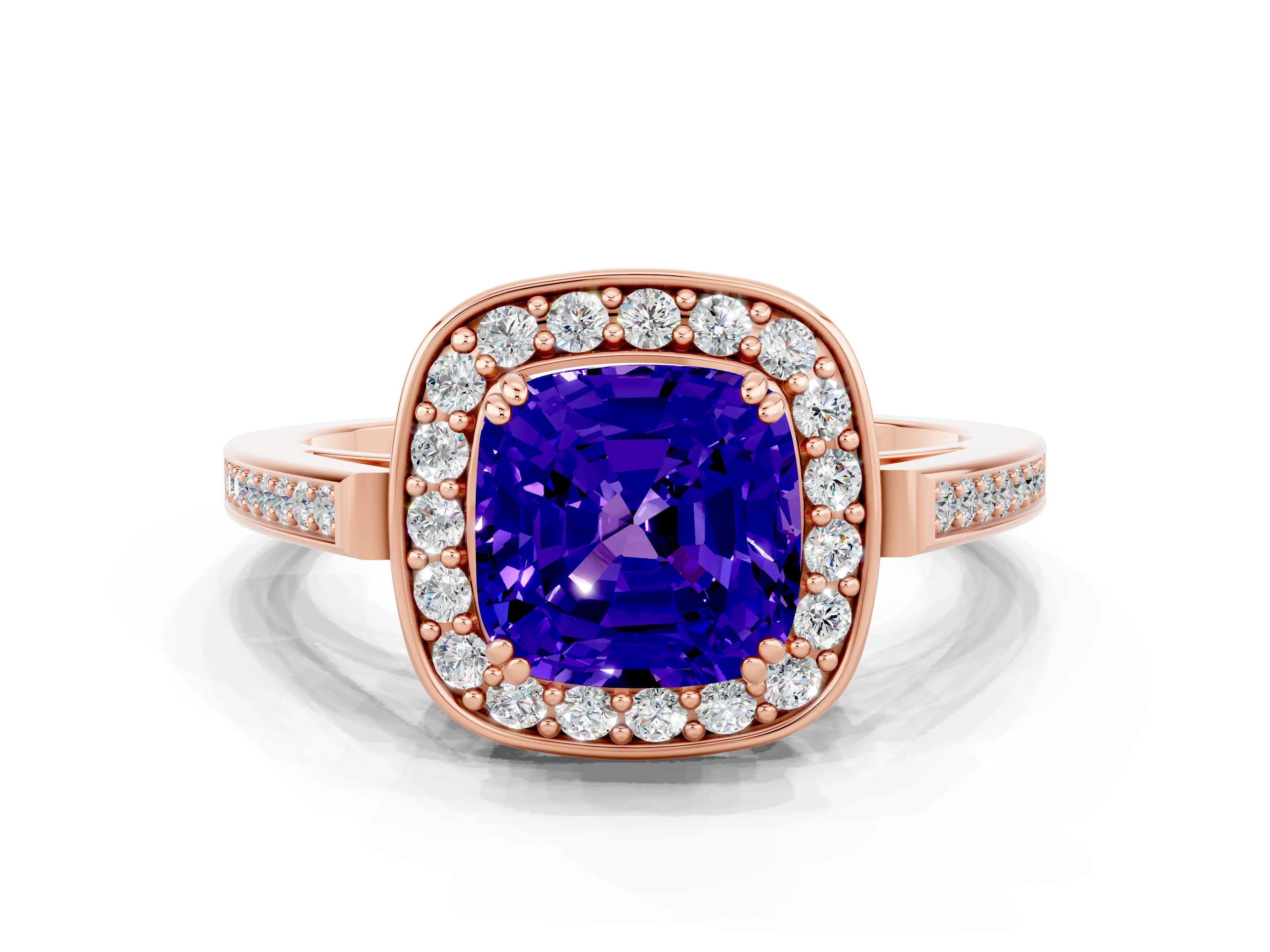 Rose gold {shape_name} Tanzanite Halo Ring with Split Shank and Four-Prong Setting