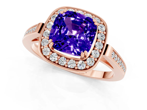 Rose gold Cushion Cut Tanzanite Halo Ring with Split Shank and Four-Prong Setting
