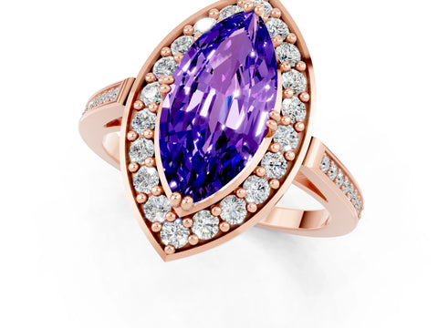 Rose gold {shape_name} Tanzanite Halo Ring with Split Shank and Four-Prong Setting_1