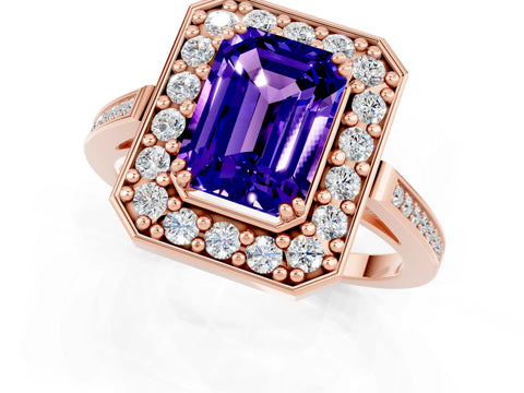 Rose gold {shape_name} Tanzanite Halo Ring with Split Shank and Four-Prong Setting_1