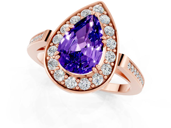 Rose gold Pear Cut Tanzanite Halo Ring with Split Shank and Four-Prong Setting
