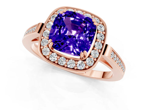 Rose gold {shape_name} Tanzanite Halo Ring with Split Shank and Four-Prong Setting_1