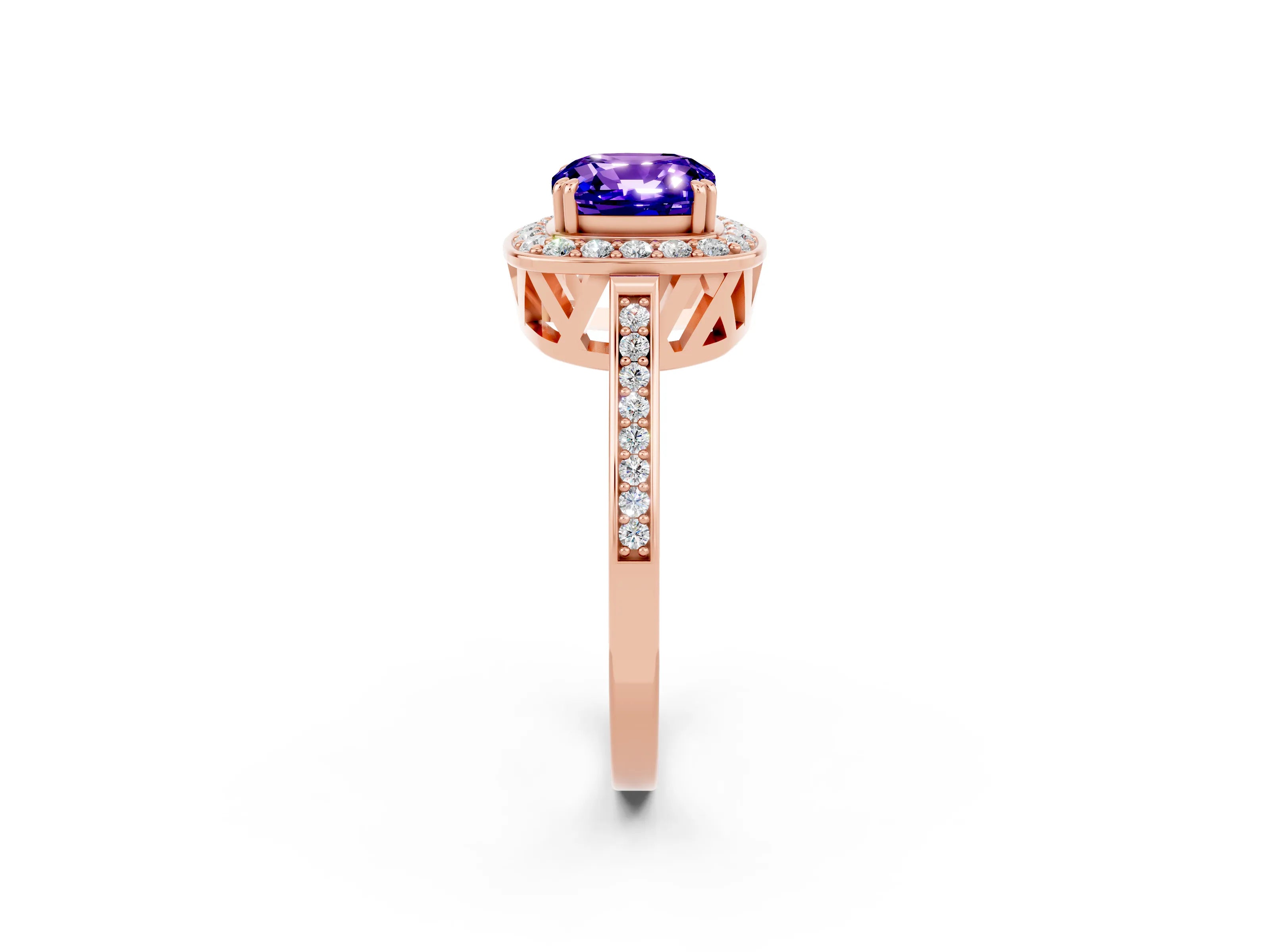 Rose gold {shape_name} Tanzanite Halo Ring with Split Shank and Four-Prong Setting_2