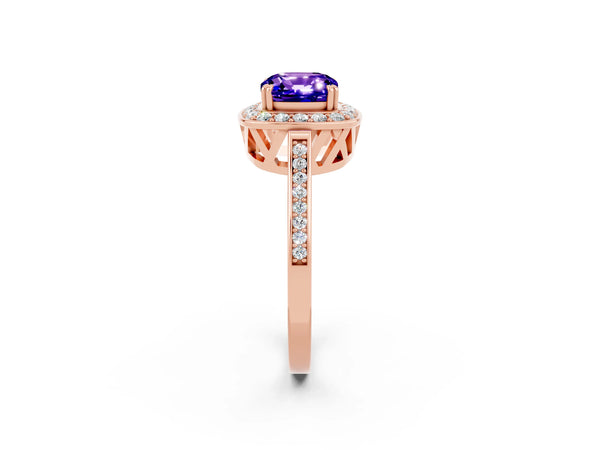 Rose gold Cushion Cut Tanzanite Halo Ring with Split Shank and Four-Prong Setting