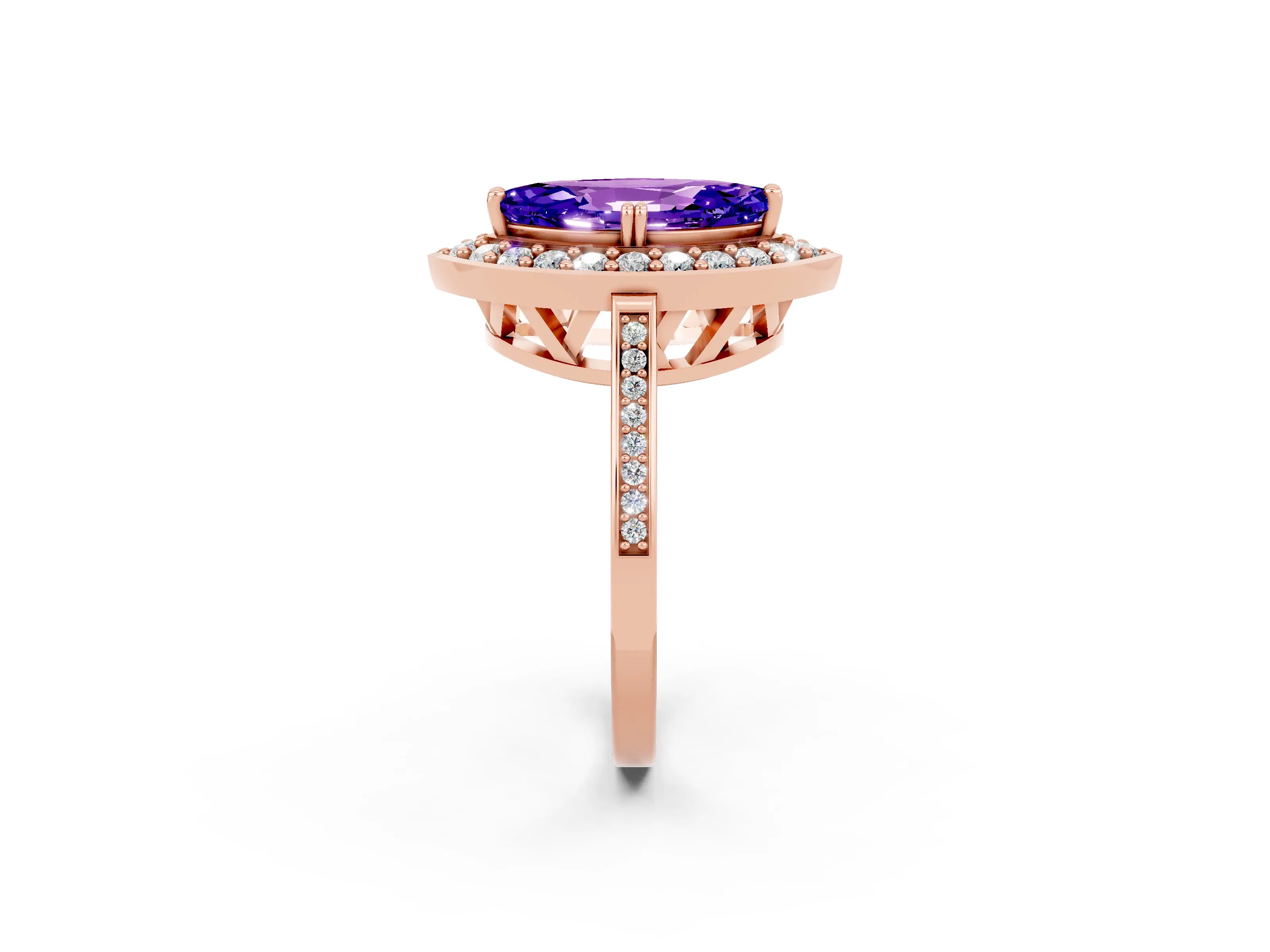 Rose gold {shape_name} Tanzanite Halo Ring with Split Shank and Four-Prong Setting_2
