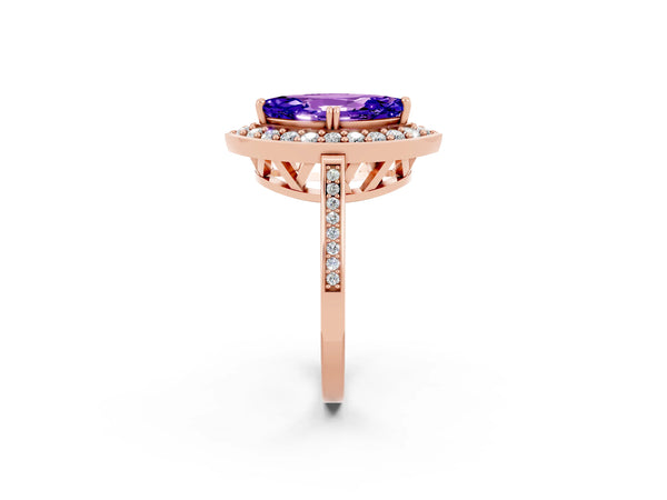 Rose gold Marquise Cut Tanzanite Halo Ring with Split Shank and Four-Prong Setting