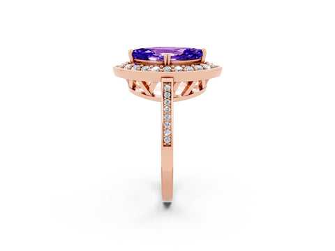 Rose gold {shape_name} Tanzanite Halo Ring with Split Shank and Four-Prong Setting_2