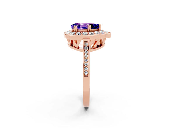 Rose gold Pear Cut Tanzanite Halo Ring with Split Shank and Four-Prong Setting