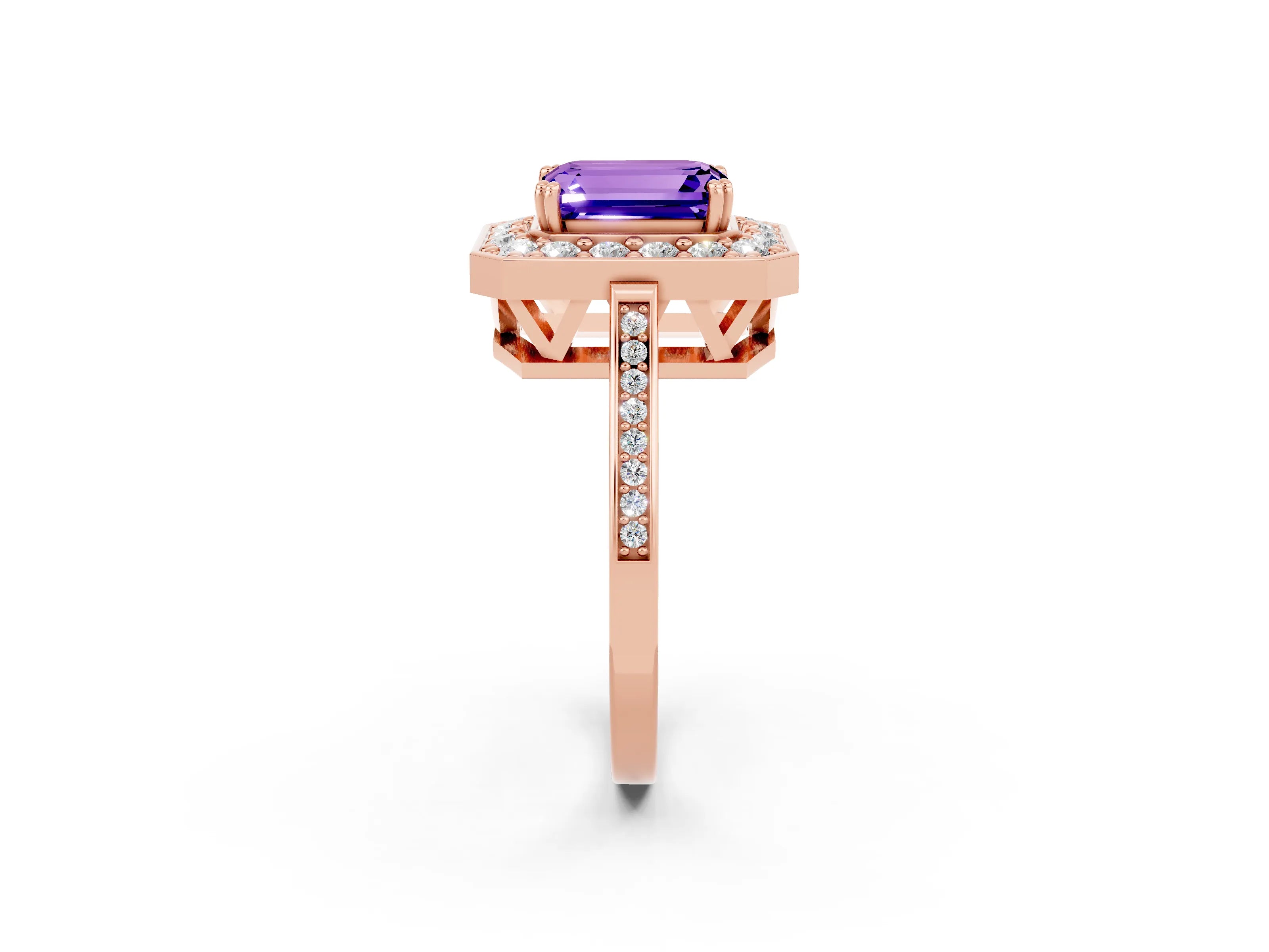 Rose gold {shape_name} Tanzanite Halo Ring with Split Shank and Four-Prong Setting_2