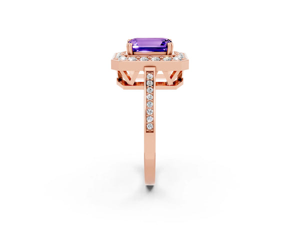 Rose gold Emerald Cut Tanzanite Halo Ring with Split Shank and Four-Prong Setting