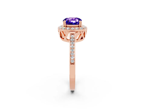 Rose gold {shape_name} Tanzanite Halo Ring with Split Shank and Four-Prong Setting_2