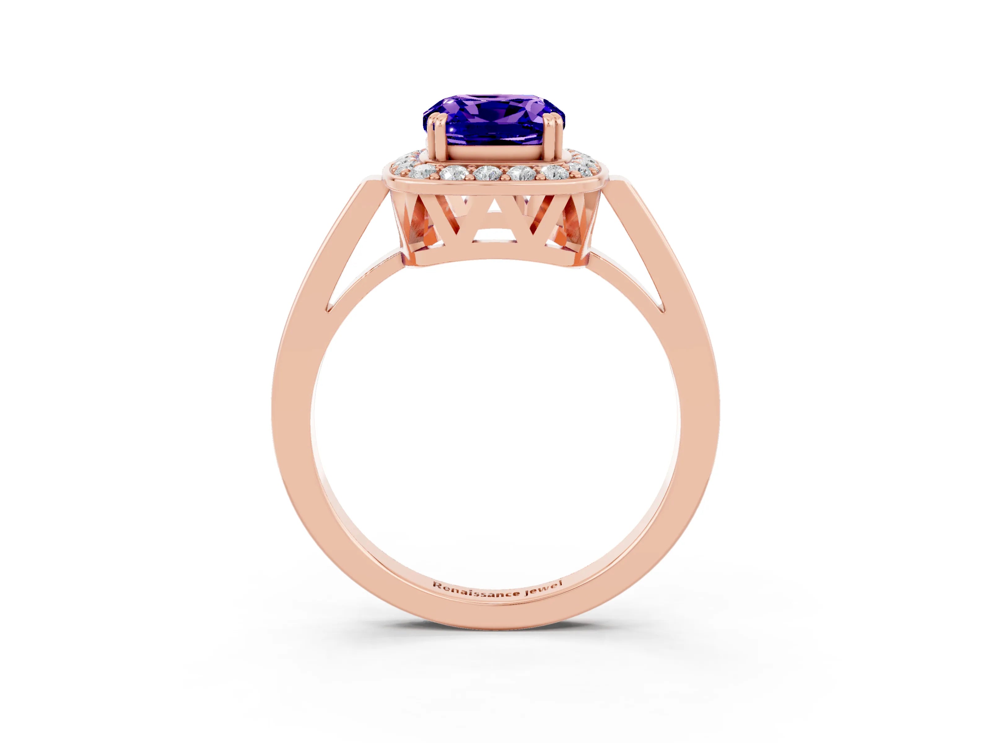 Rose gold {shape_name} Tanzanite Halo Ring with Split Shank and Four-Prong Setting_3