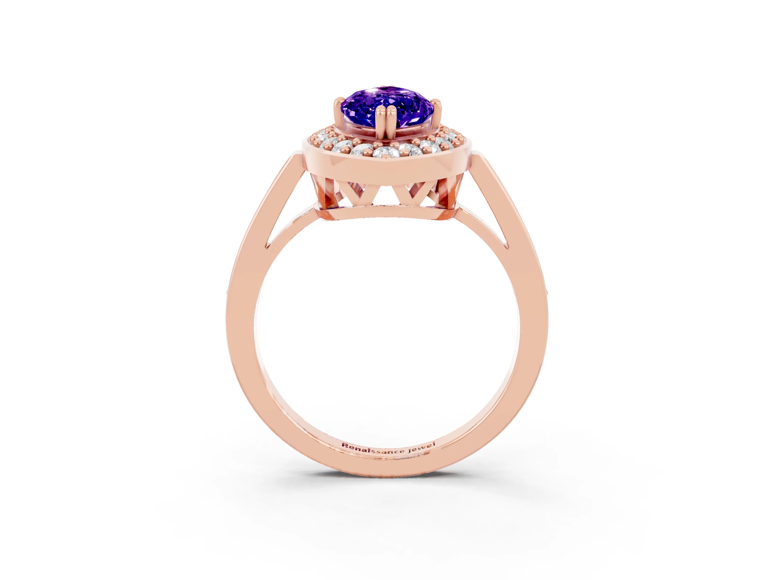 Rose gold {shape_name} Tanzanite Halo Ring with Split Shank and Four-Prong Setting_3