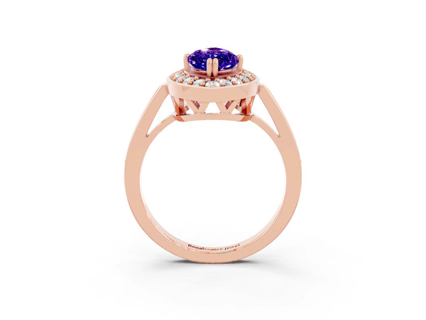 Rose gold Marquise Cut Tanzanite Halo Ring with Split Shank and Four-Prong Setting