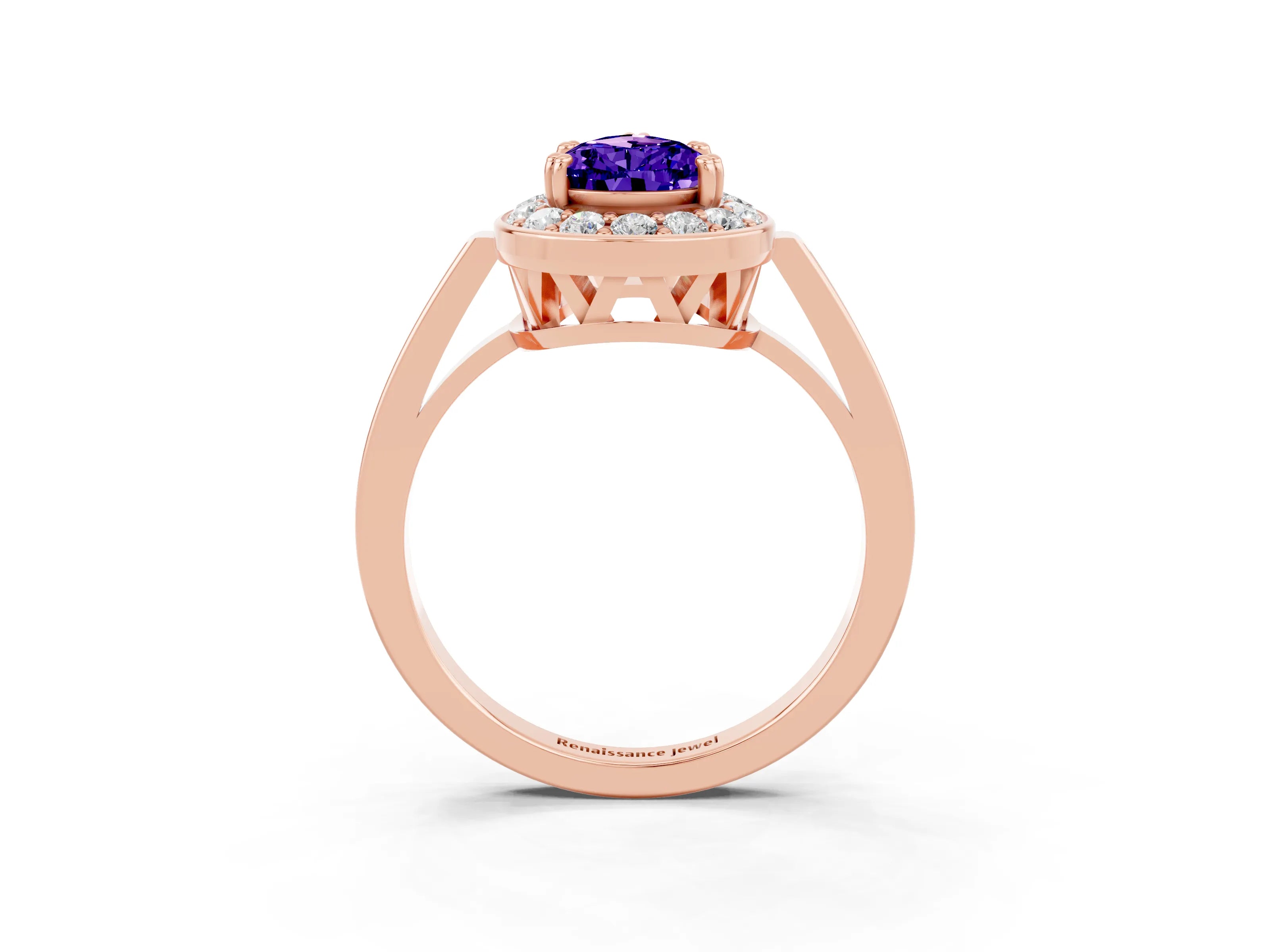 Rose gold {shape_name} Tanzanite Halo Ring with Split Shank and Four-Prong Setting_3