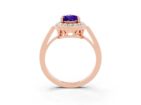 Rose gold Pear Cut Tanzanite Halo Ring with Split Shank and Four-Prong Setting
