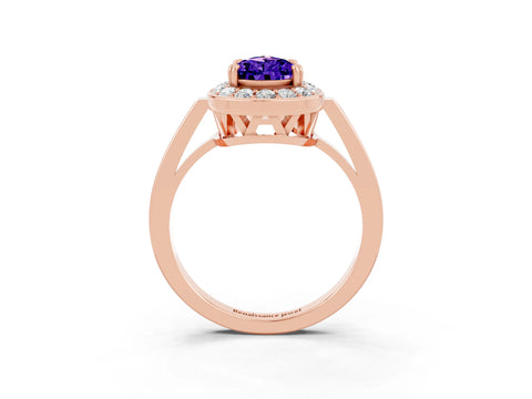Rose gold {shape_name} Tanzanite Halo Ring with Split Shank and Four-Prong Setting_3