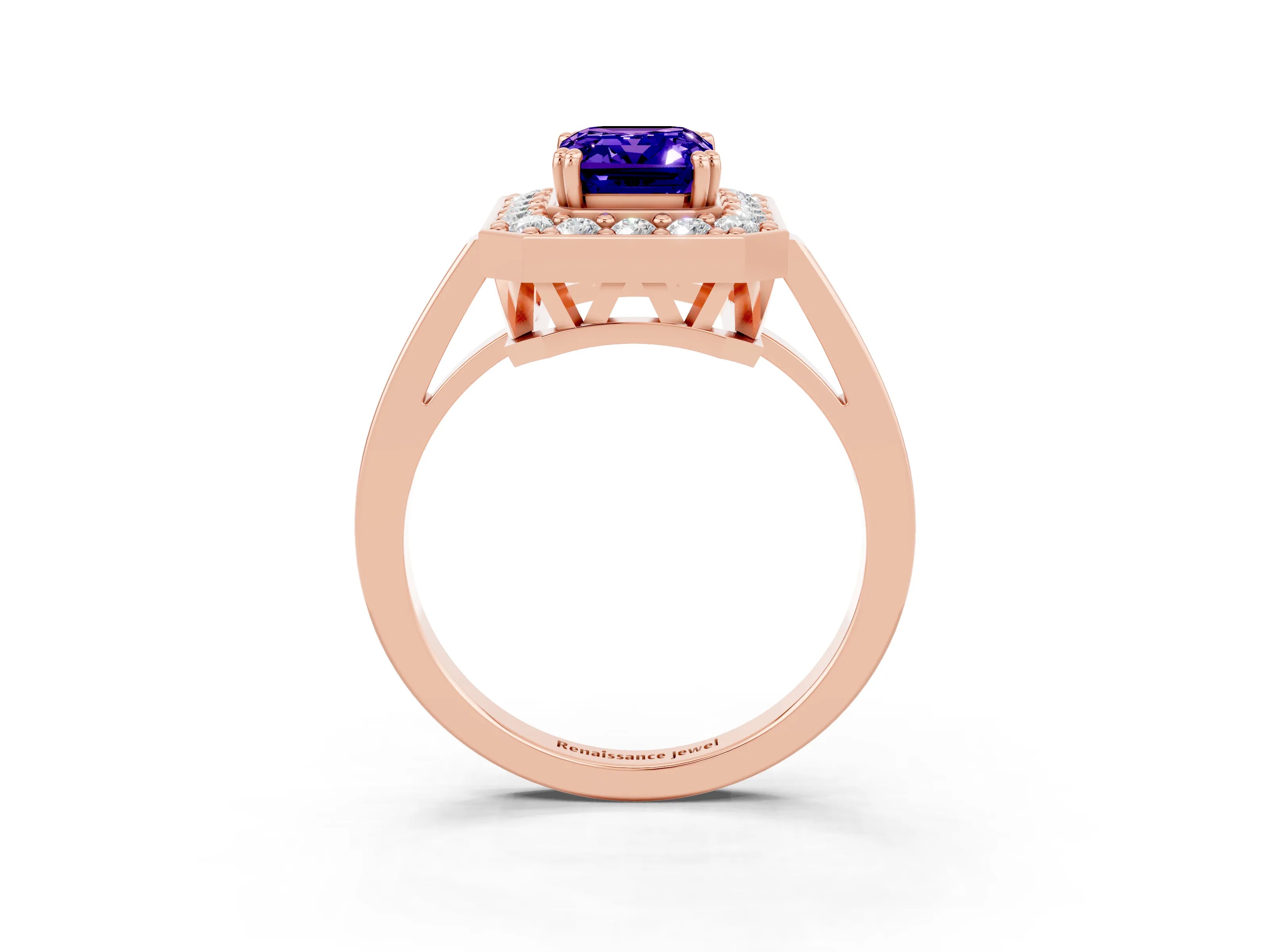 Rose gold {shape_name} Tanzanite Halo Ring with Split Shank and Four-Prong Setting_3
