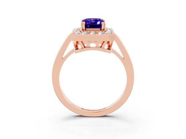Rose gold Emerald Cut Tanzanite Halo Ring with Split Shank and Four-Prong Setting