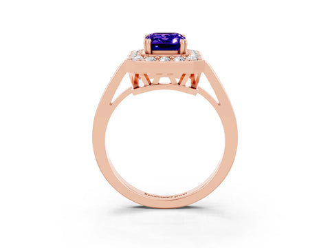 Rose gold {shape_name} Tanzanite Halo Ring with Split Shank and Four-Prong Setting_3
