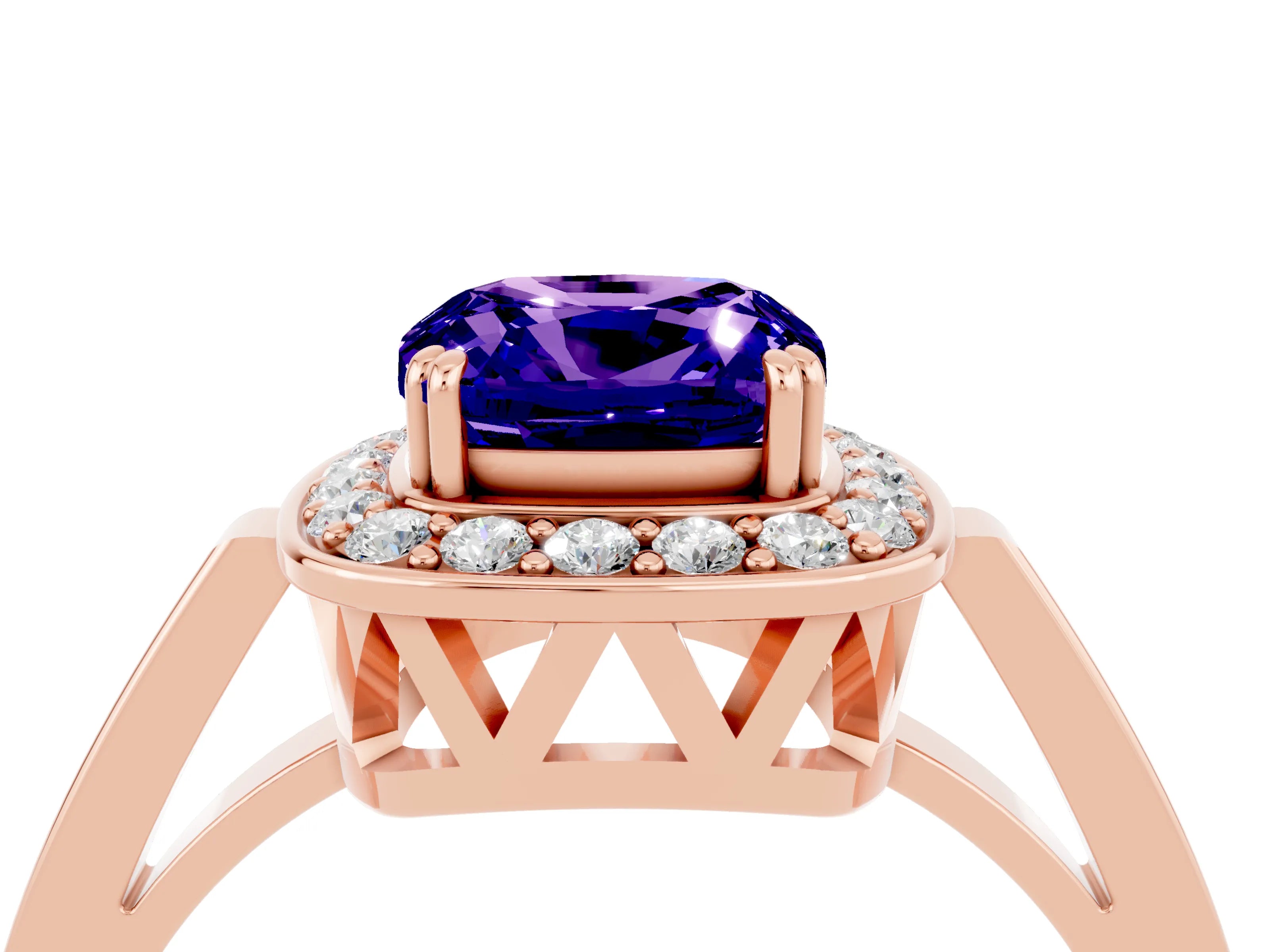 Rose gold {shape_name} Tanzanite Halo Ring with Split Shank and Four-Prong Setting_4