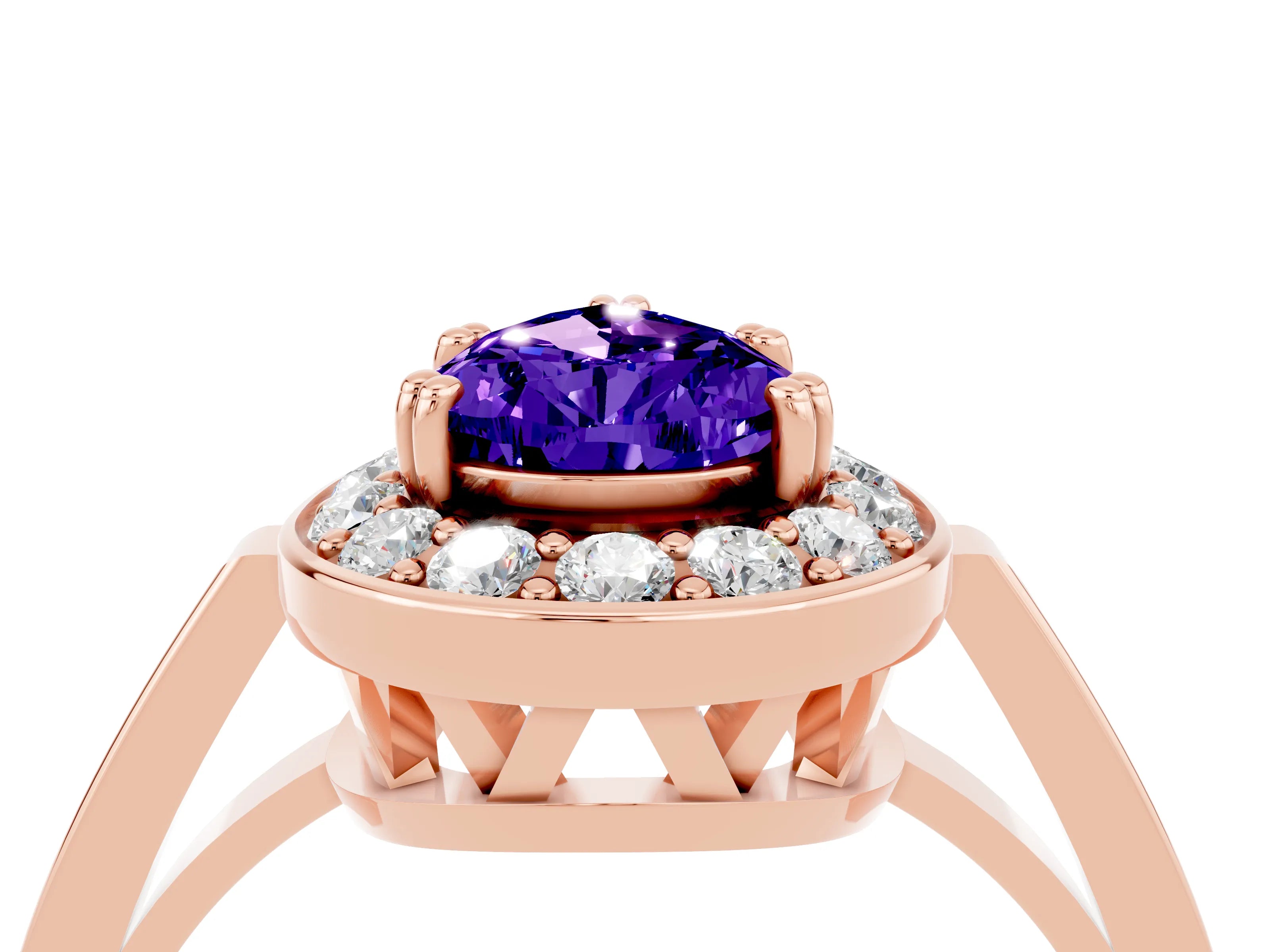 Rose gold {shape_name} Tanzanite Halo Ring with Split Shank and Four-Prong Setting_4