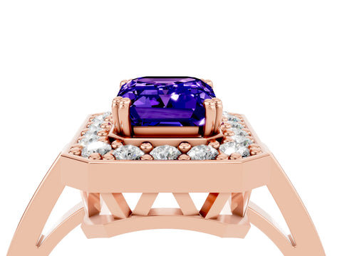 Rose gold {shape_name} Tanzanite Halo Ring with Split Shank and Four-Prong Setting_4