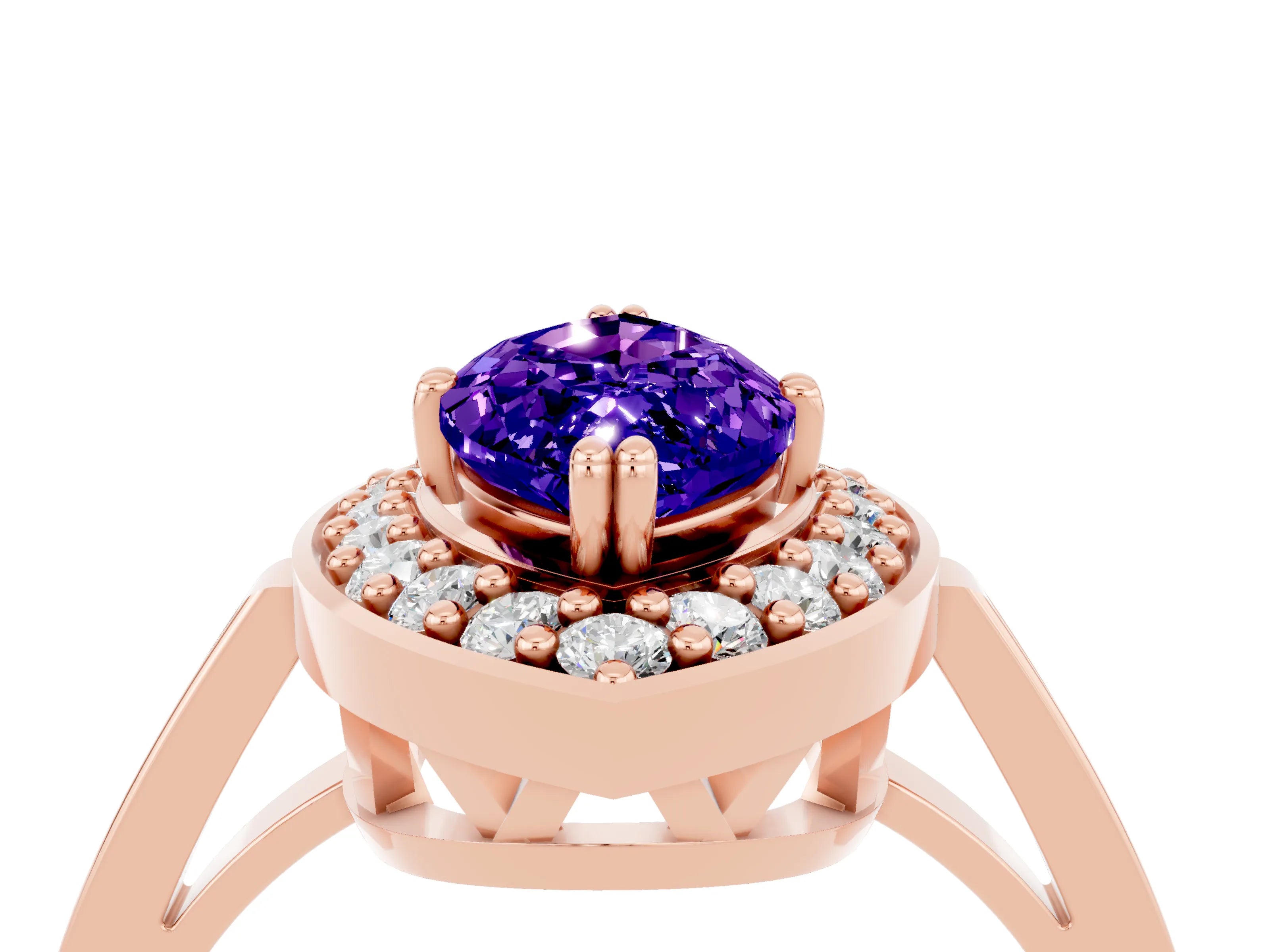 Rose gold {shape_name} Tanzanite Halo Ring with Split Shank and Four-Prong Setting_4