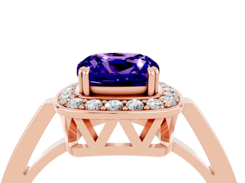 Rose gold {shape_name} Tanzanite Halo Ring with Split Shank and Four-Prong Setting_4