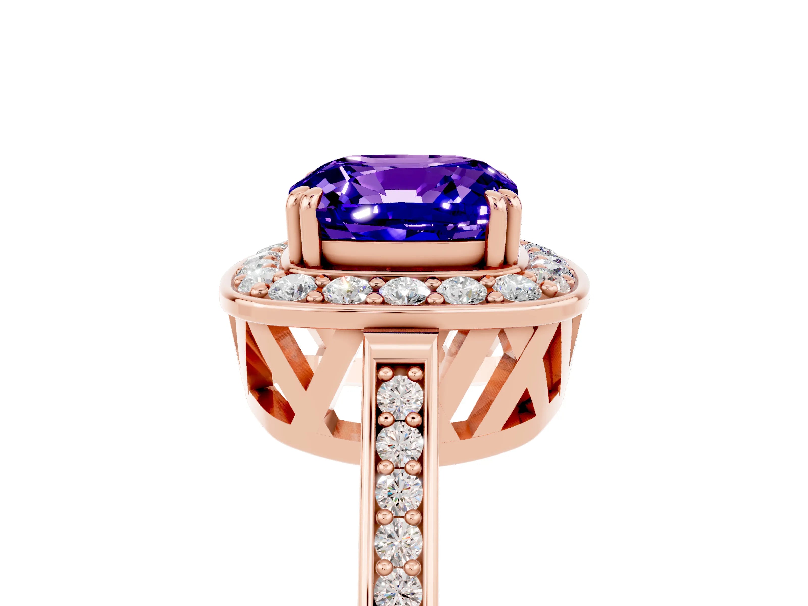 Rose gold {shape_name} Tanzanite Halo Ring with Split Shank and Four-Prong Setting_5
