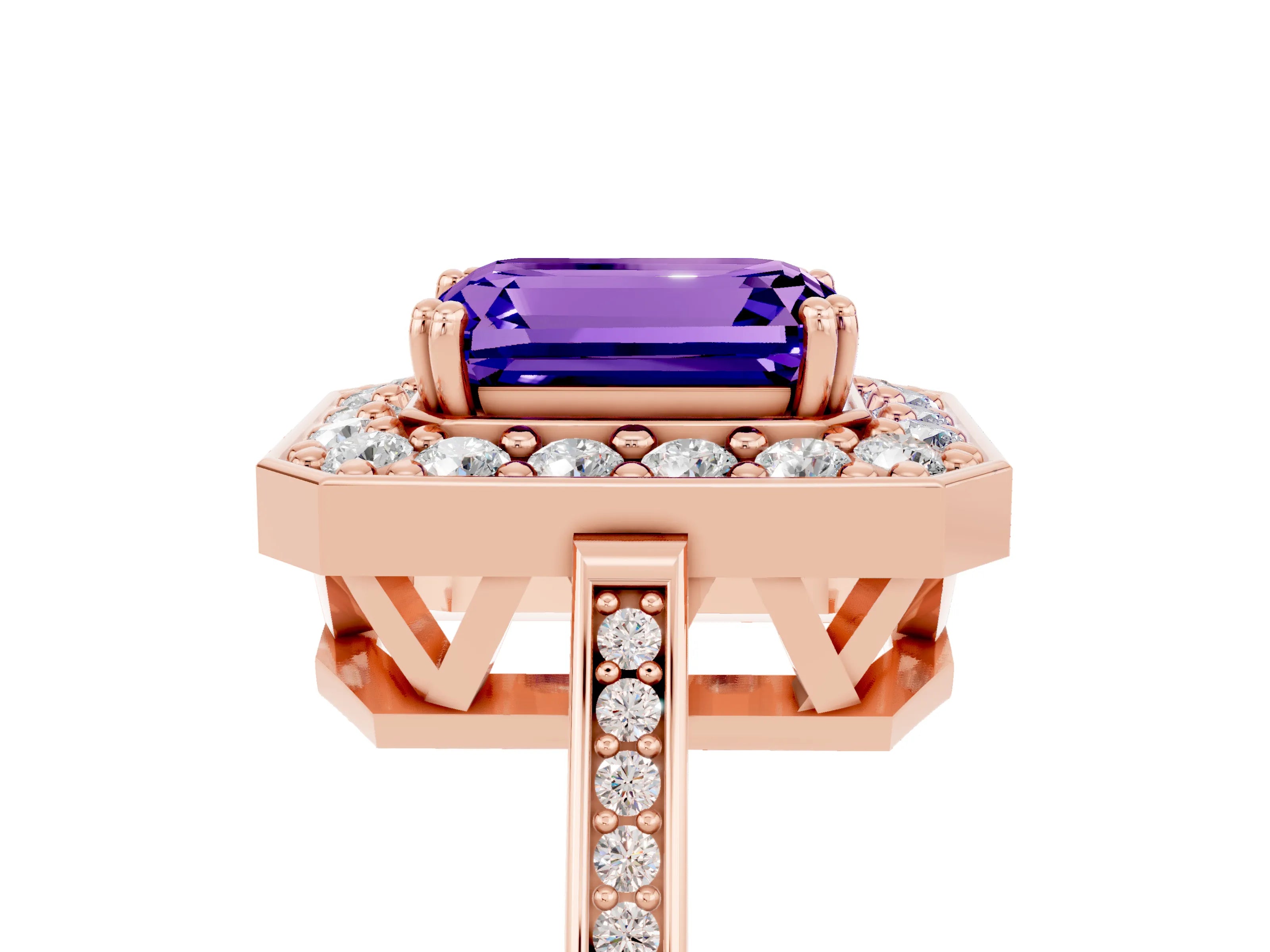 Rose gold {shape_name} Tanzanite Halo Ring with Split Shank and Four-Prong Setting_5
