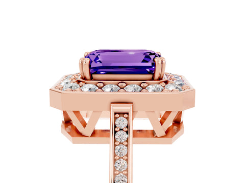 Rose gold {shape_name} Tanzanite Halo Ring with Split Shank and Four-Prong Setting_5