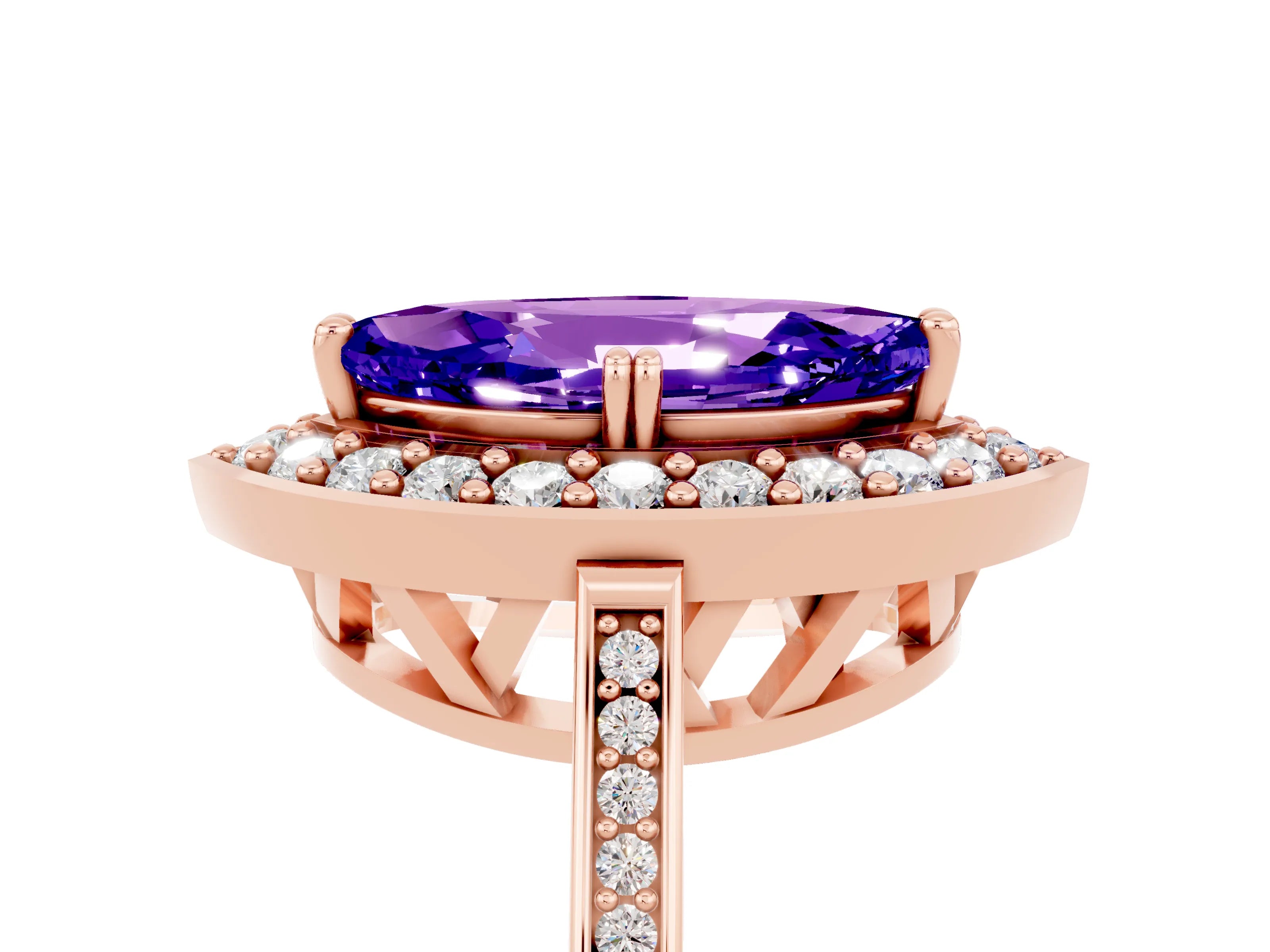 Rose gold {shape_name} Tanzanite Halo Ring with Split Shank and Four-Prong Setting_5