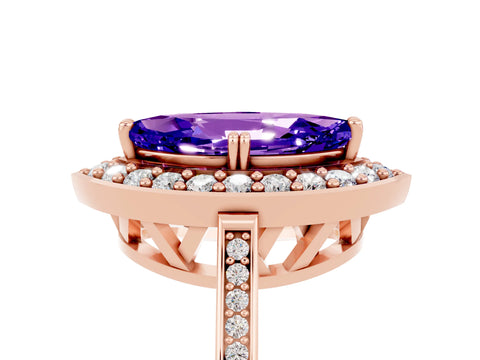 Rose gold {shape_name} Tanzanite Halo Ring with Split Shank and Four-Prong Setting_5