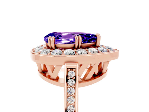 Rose gold {shape_name} Tanzanite Halo Ring with Split Shank and Four-Prong Setting_5