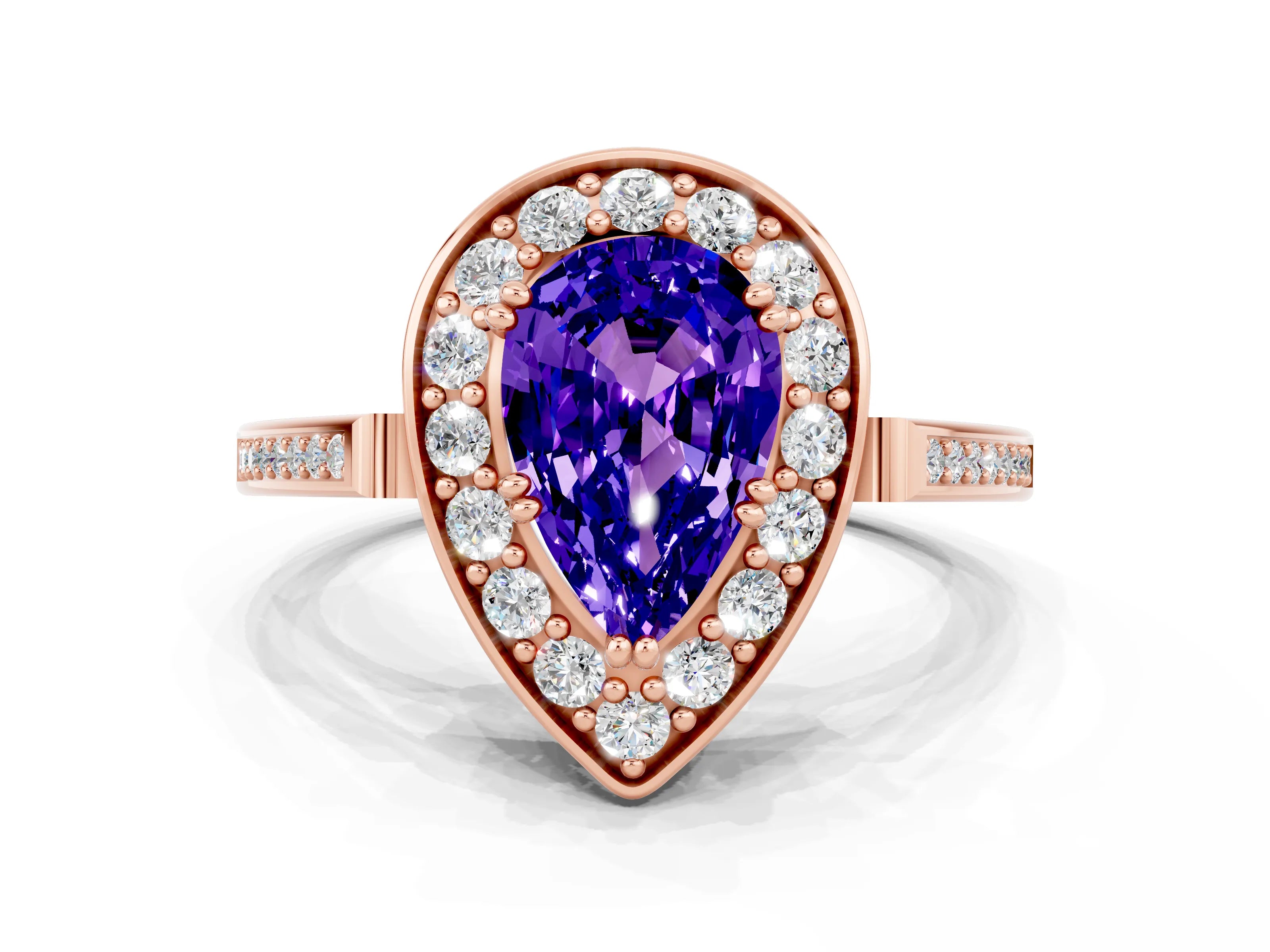Rose gold {shape_name} Tanzanite Halo Ring with Split Shank and Four-Prong Setting