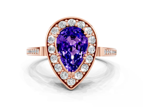 Rose gold Pear Cut Tanzanite Halo Ring with Split Shank and Four-Prong Setting