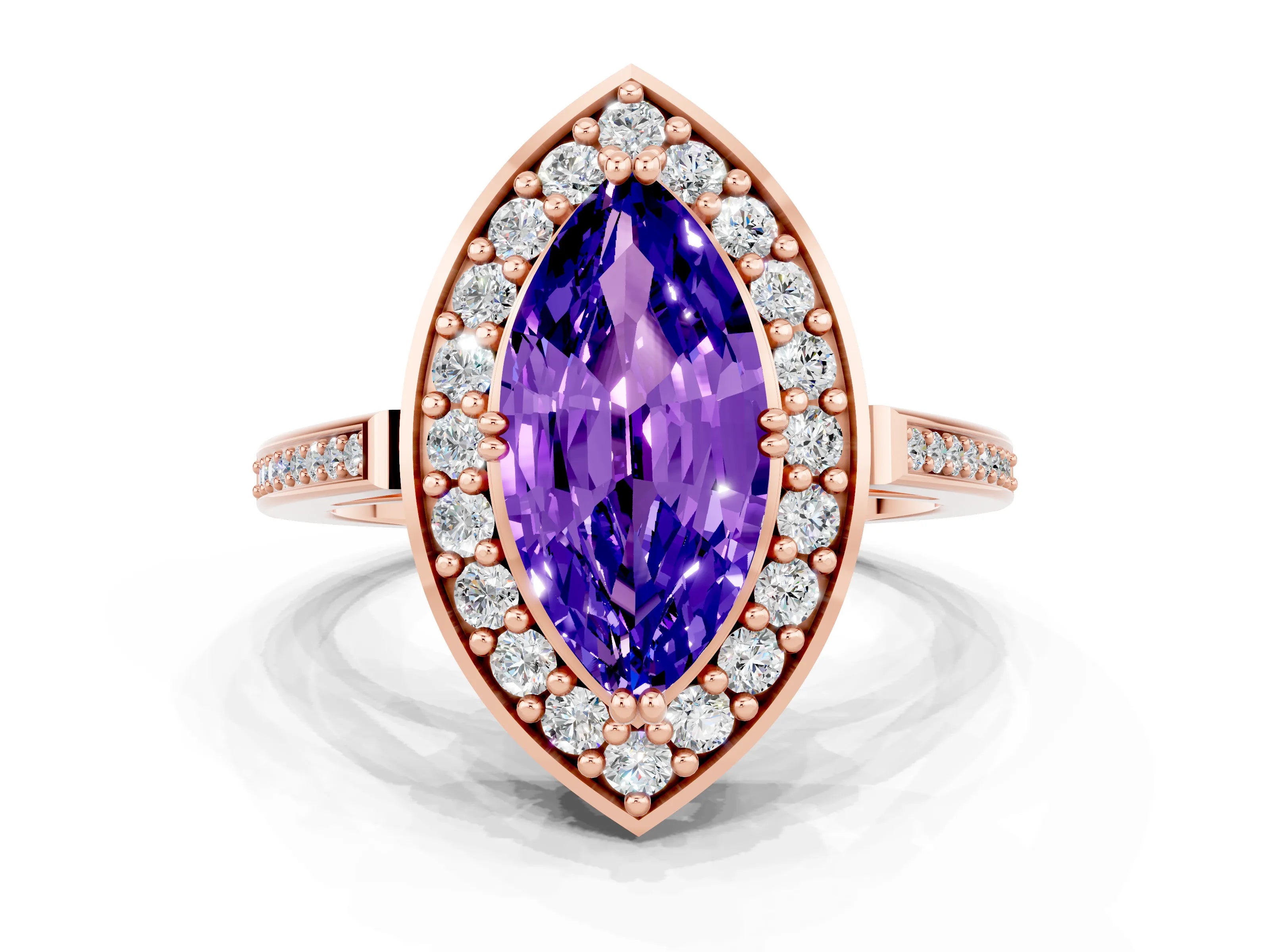 Rose gold {shape_name} Tanzanite Halo Ring with Split Shank and Four-Prong Setting