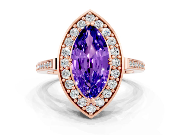 Rose gold Marquise Cut Tanzanite Halo Ring with Split Shank and Four-Prong Setting
