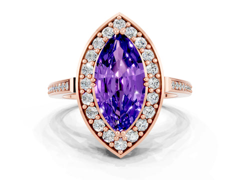 Rose gold {shape_name} Tanzanite Halo Ring with Split Shank and Four-Prong Setting