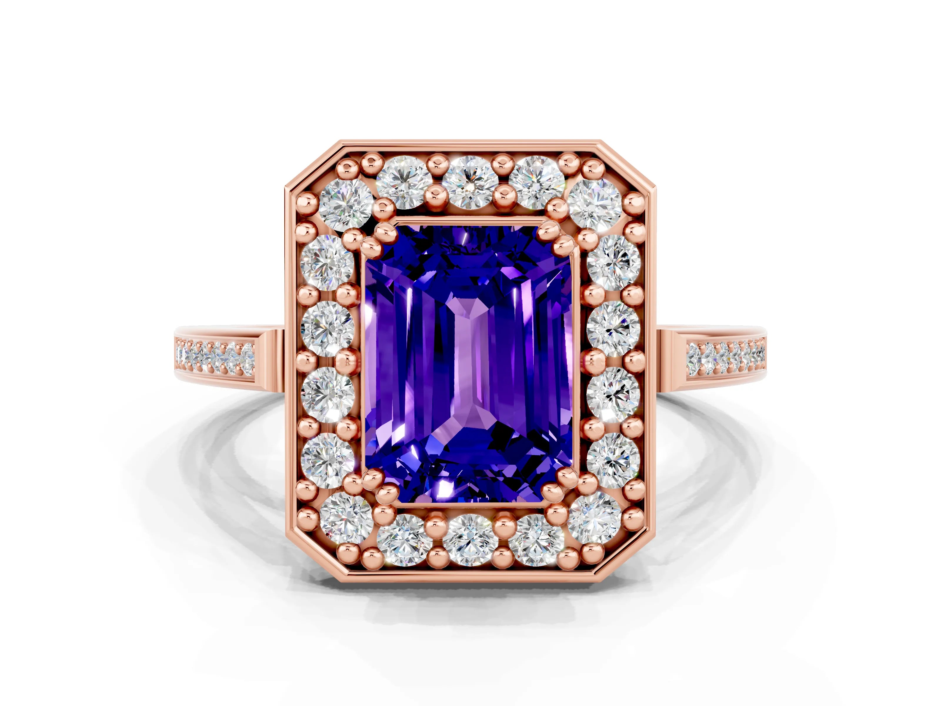 Rose gold {shape_name} Tanzanite Halo Ring with Split Shank and Four-Prong Setting