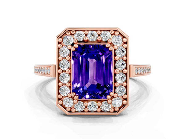 Rose gold Emerald Cut Tanzanite Halo Ring with Split Shank and Four-Prong Setting