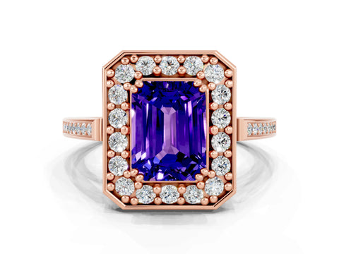 Rose gold {shape_name} Tanzanite Halo Ring with Split Shank and Four-Prong Setting