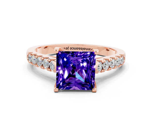 Rose gold Princess Cut Tanzanite Pavé Band Solitaire Ring with Prong Setting