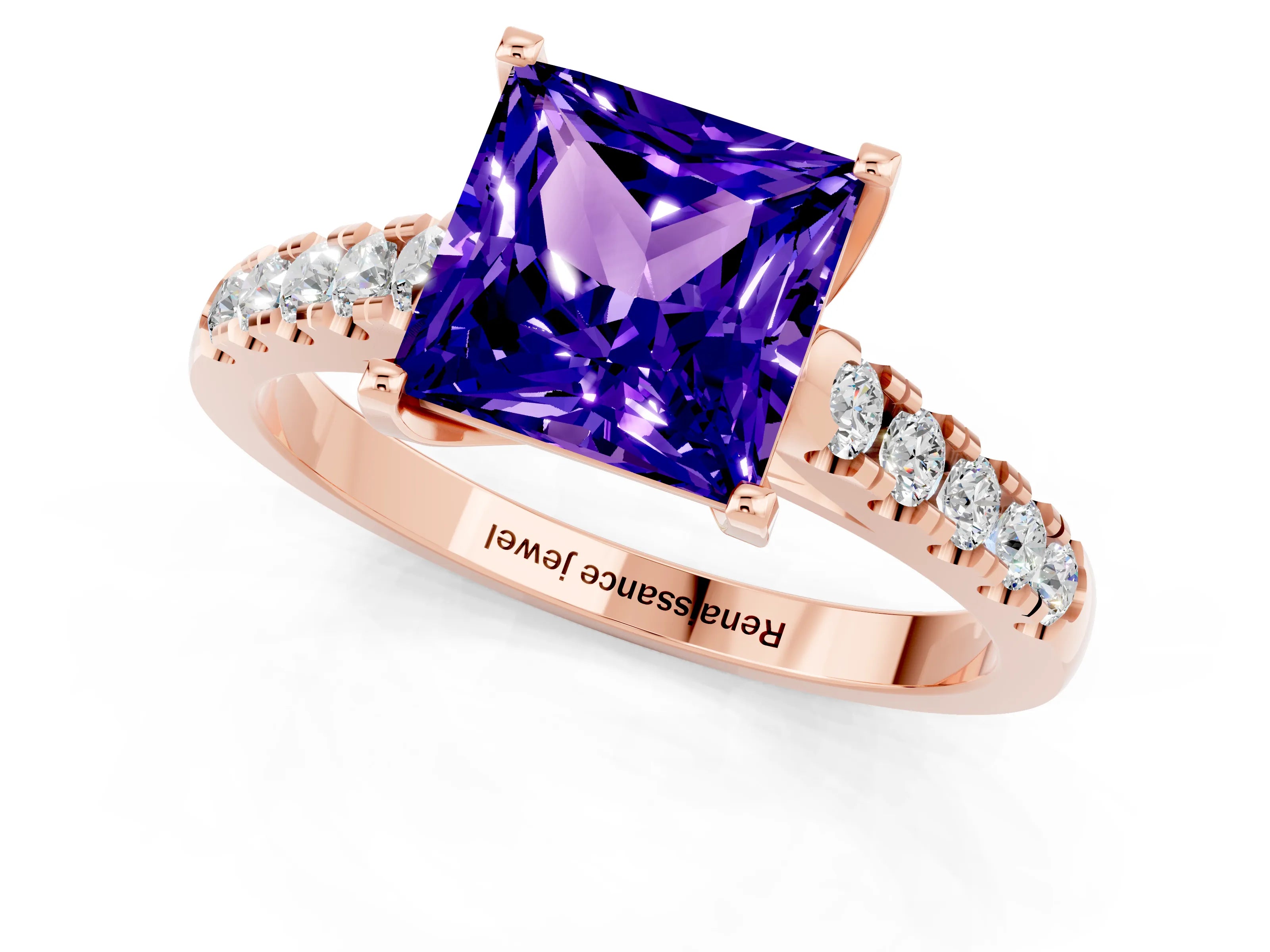 Rose gold {shape_name} Tanzanite Solitaire Ring with Pavé Band and Four-Prong Setting_1
