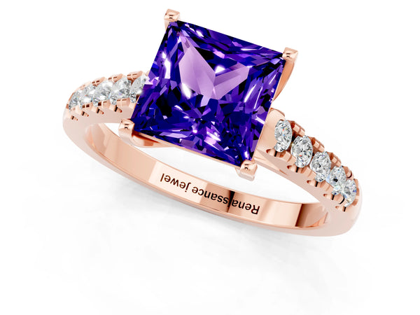 Rose gold Princess Cut Tanzanite Pavé Band Solitaire Ring with Prong Setting