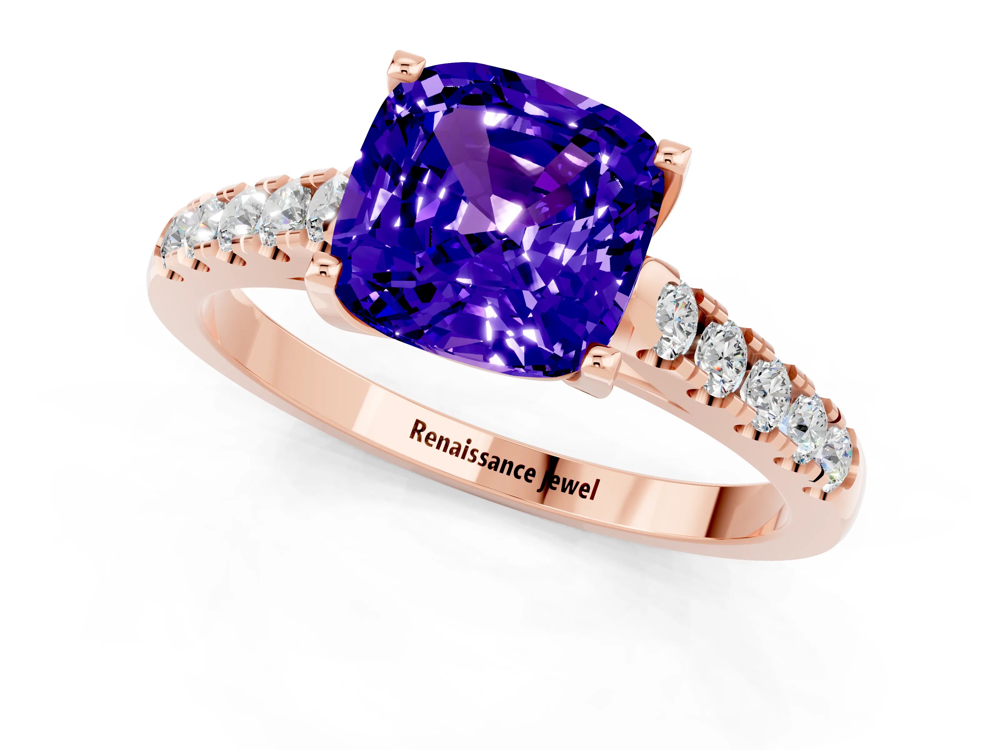 Rose gold {shape_name} Tanzanite Solitaire Ring with Pavé Band and Four-Prong Setting_1