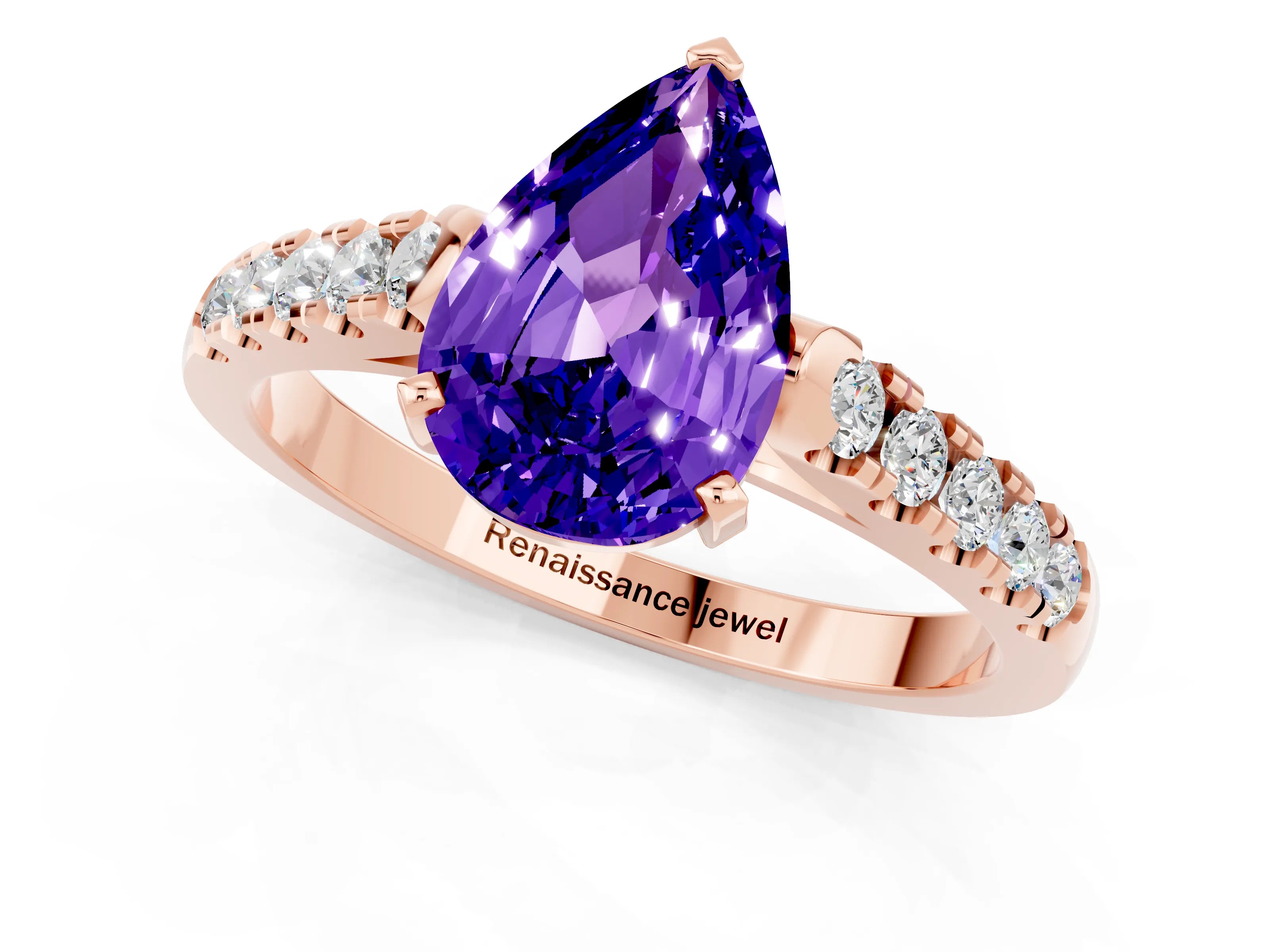 Rose gold {shape_name} Tanzanite Solitaire Ring with Pavé Band and Four-Prong Setting_1