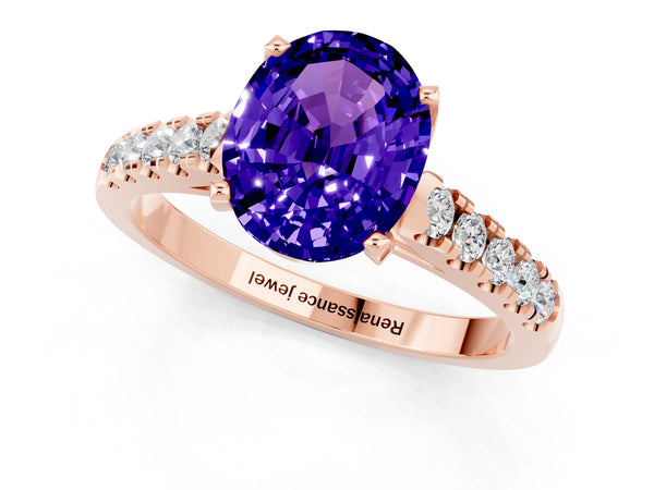 Rose gold Oval Cut Tanzanite Pavé Band Solitaire Ring with Prong Setting